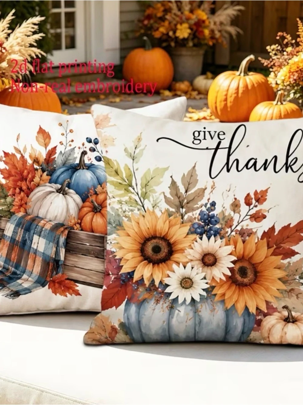 🆕 4 pc Autumn Blessings Fall Pumpkin Pillow Cover Set - Blue & Orange